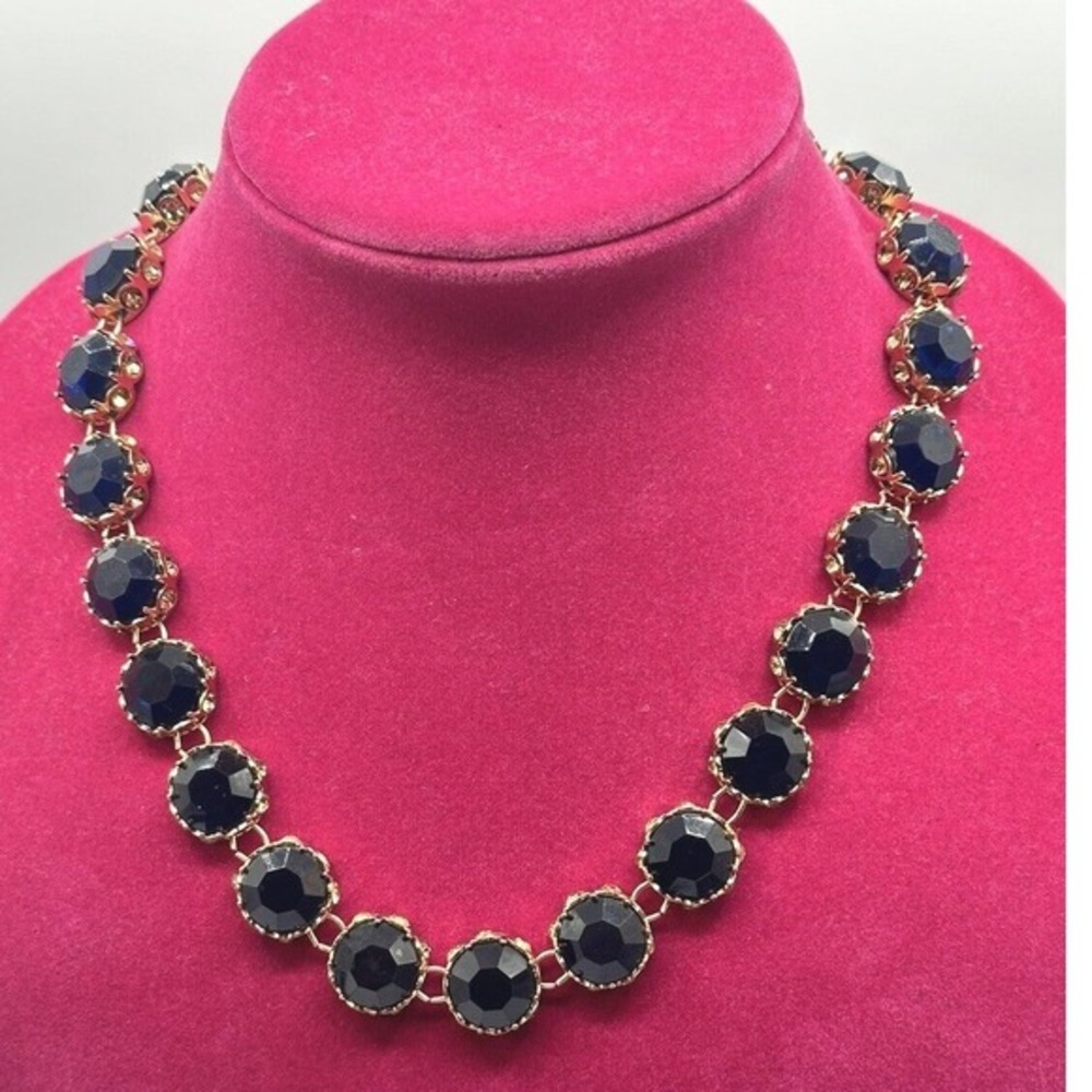 Leslie Danzis Statement Necklace‎ Gold Tone Dark Blue Faceted Jewel Collar J-01